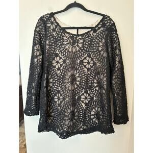 Soft Surroundings Floral Supreme Soutache Black Crochet Tunic Top Overlay Medium